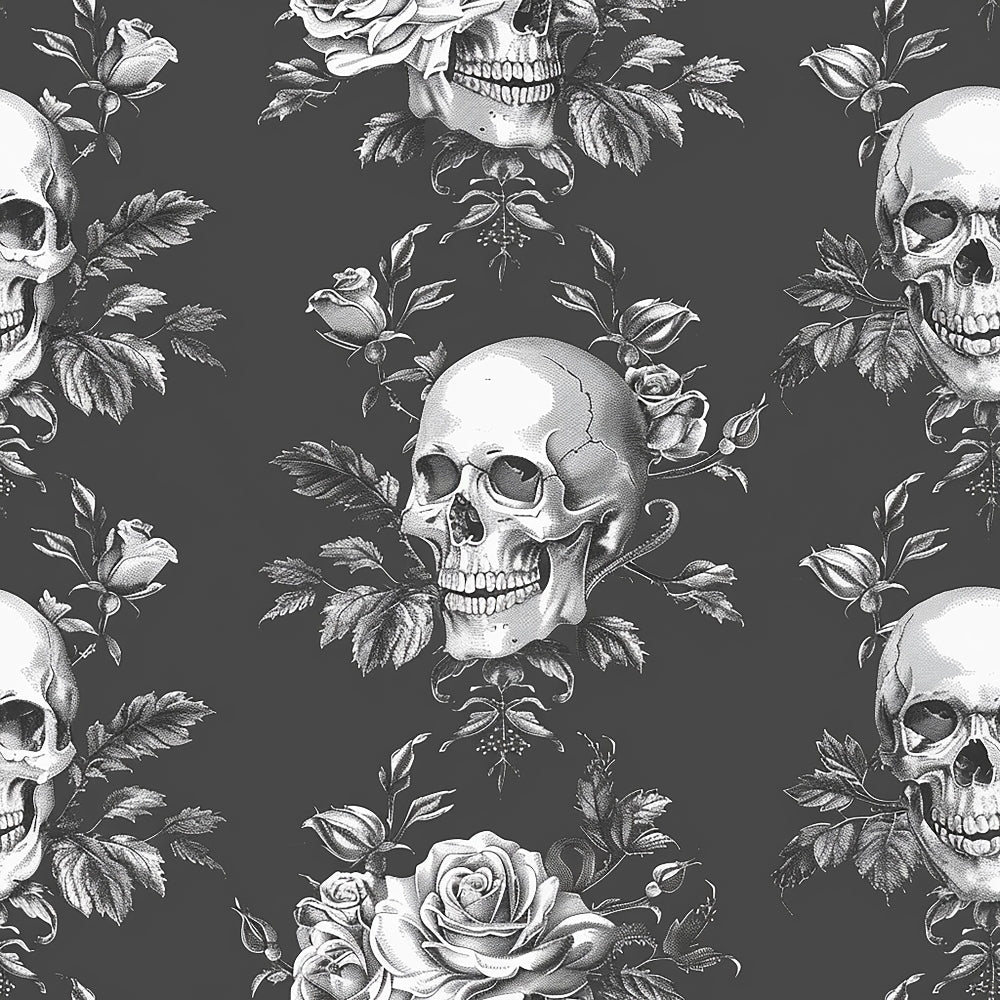 Black and white pattern featuring human skulls surrounded by roses and leaves on a dark background.