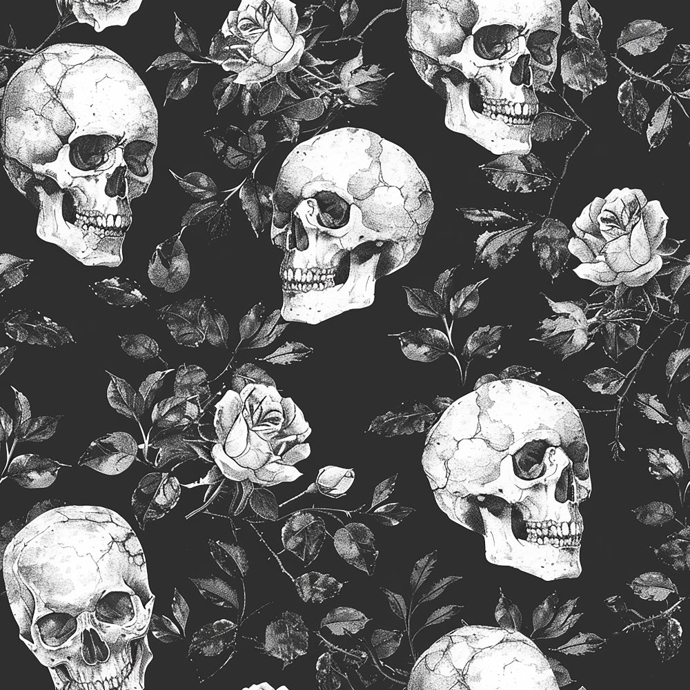 Pattern of skulls and roses set against a dark background.