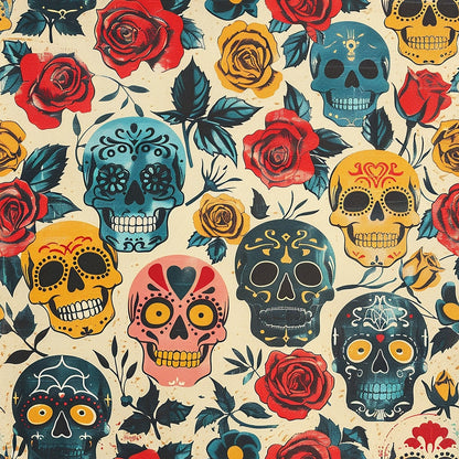 Colorful sugar skulls and red roses arranged in a repeating pattern on a light background.