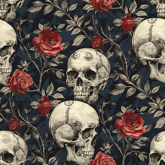 Pattern of skulls and red roses with leaves on a dark background.