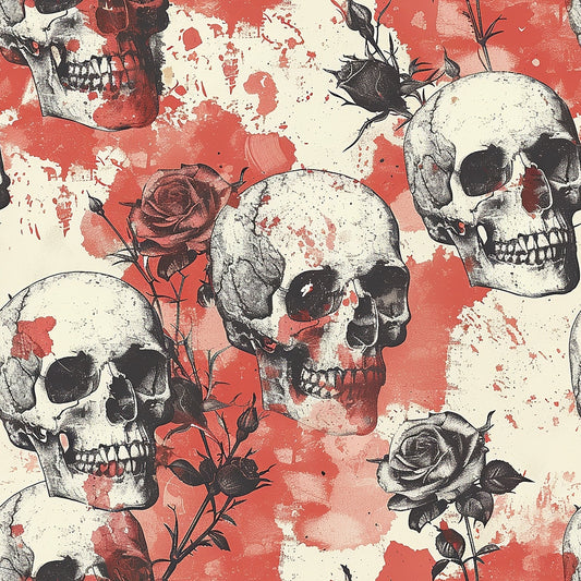 Illustrated pattern of skulls and roses on a red and white splattered background.