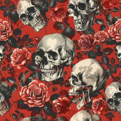 Skulls and red roses pattern on a red background.