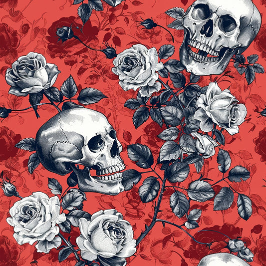 Skulls and white roses intertwined with black leaves on a red floral background.