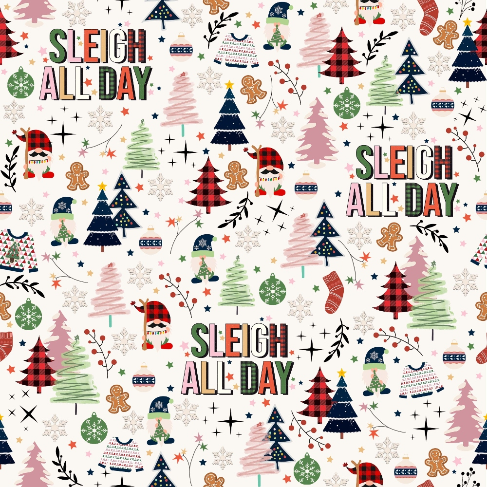 Festive Christmas pattern with trees, snowflakes, gifts, stockings, and the phrase Sleigh All Day on a white background.