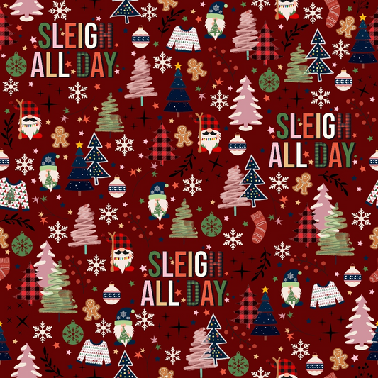 Festive pattern with Sleigh All Day text, Christmas trees, Santa faces, snowflakes, ornaments, and gingerbread men on a red background.