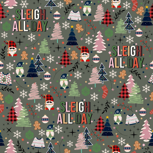 Festive pattern with Sleigh All Day text, trees, Santa faces, snowflakes, and holiday icons on a gray background.