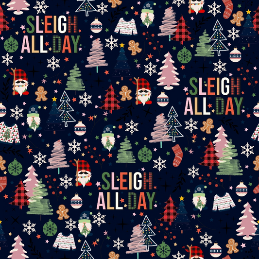 Festive pattern with Christmas trees, Santa faces, gingerbread men, snowflakes, ornaments, and Sleigh All Day text on a dark background.