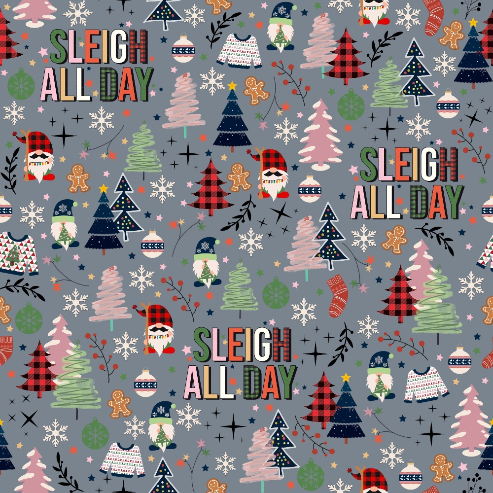 Festive pattern with Sleigh All Day text, colorful trees, Santa heads, snowflakes, gingerbread men, and holly on a gray background.