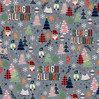 Festive pattern with Sleigh All Day text, colorful trees, Santa heads, snowflakes, gingerbread men, and holly on a gray background.