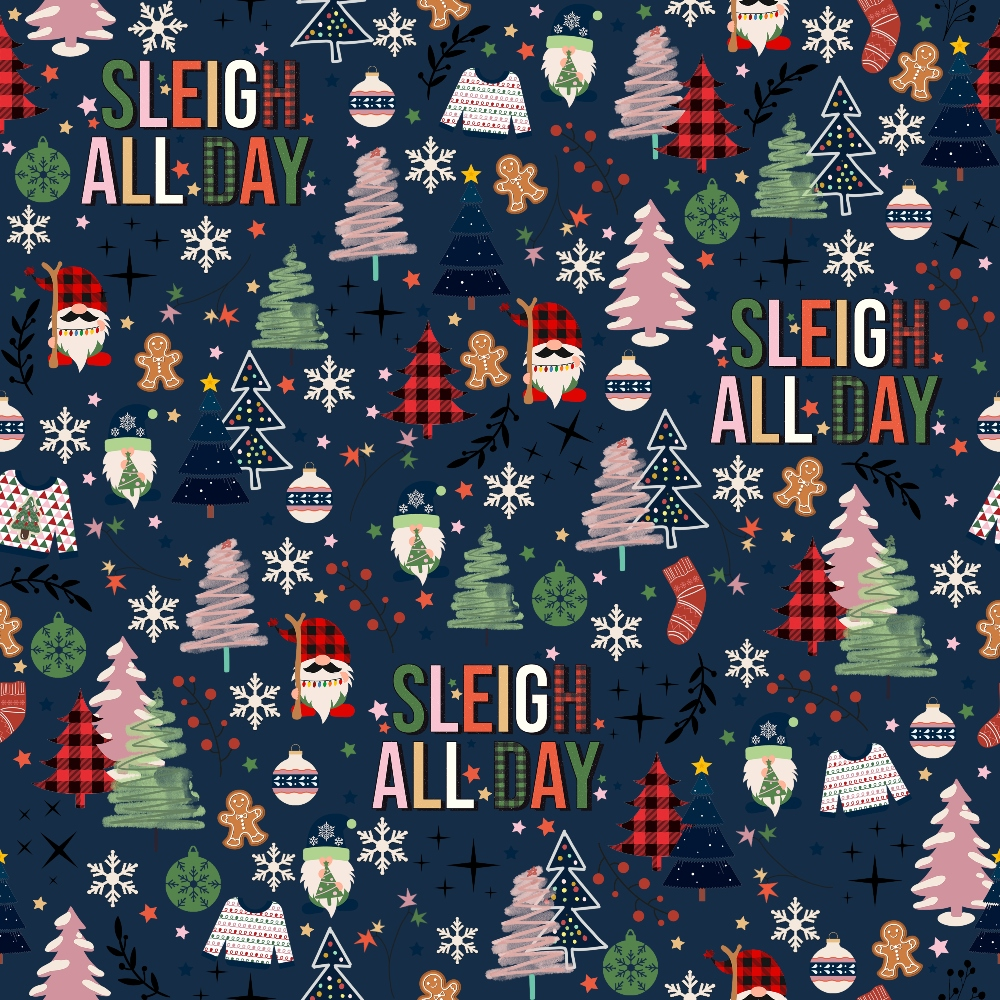 Festive pattern with Sleigh All Day text, Christmas trees, Santa faces, snowflakes, mittens, hats, and gingerbread cookies on a dark blue background.