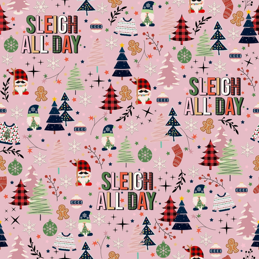 Pink festive pattern with Christmas trees, snowmen, gingerbread men, ornaments, and the text Sleigh All Day in various colors.