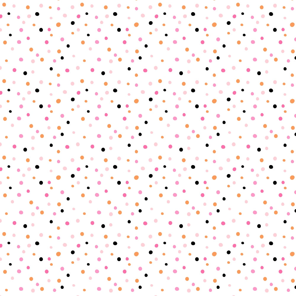 A pattern of scattered dots in black, pink, and orange on a white background.