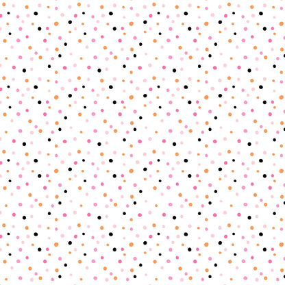 A pattern of scattered dots in black, pink, and orange on a white background.