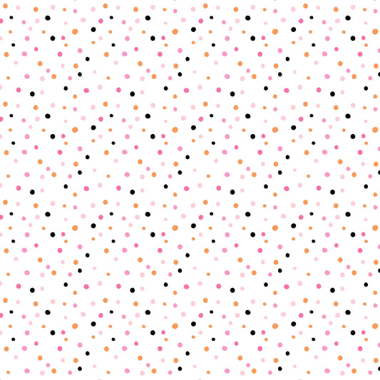 A pattern of scattered dots in black, pink, and orange on a white background.