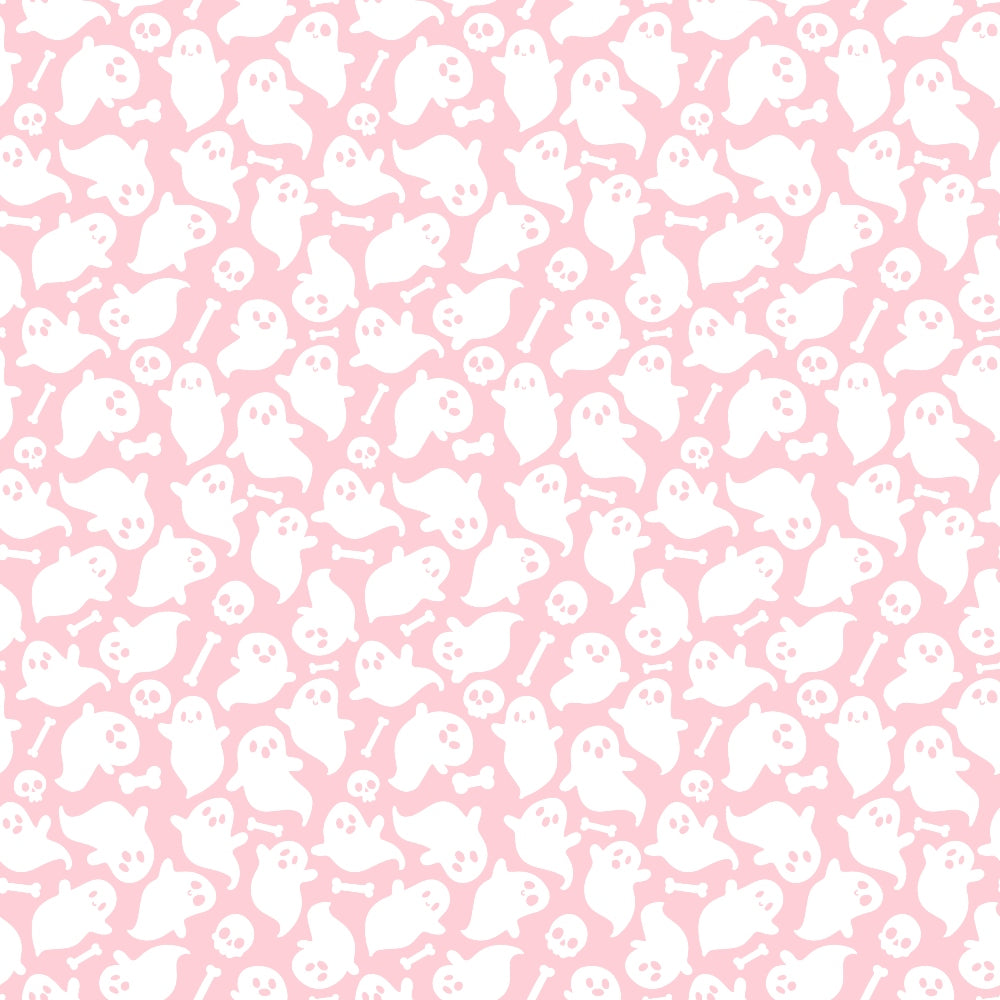 Pattern of white ghosts, skulls, and bones on a pink background.