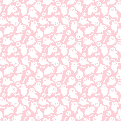 Pattern of white ghosts, skulls, and bones on a pink background.