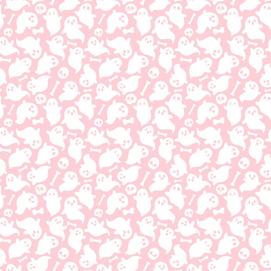 Pattern of white ghosts, skulls, and bones on a pink background.