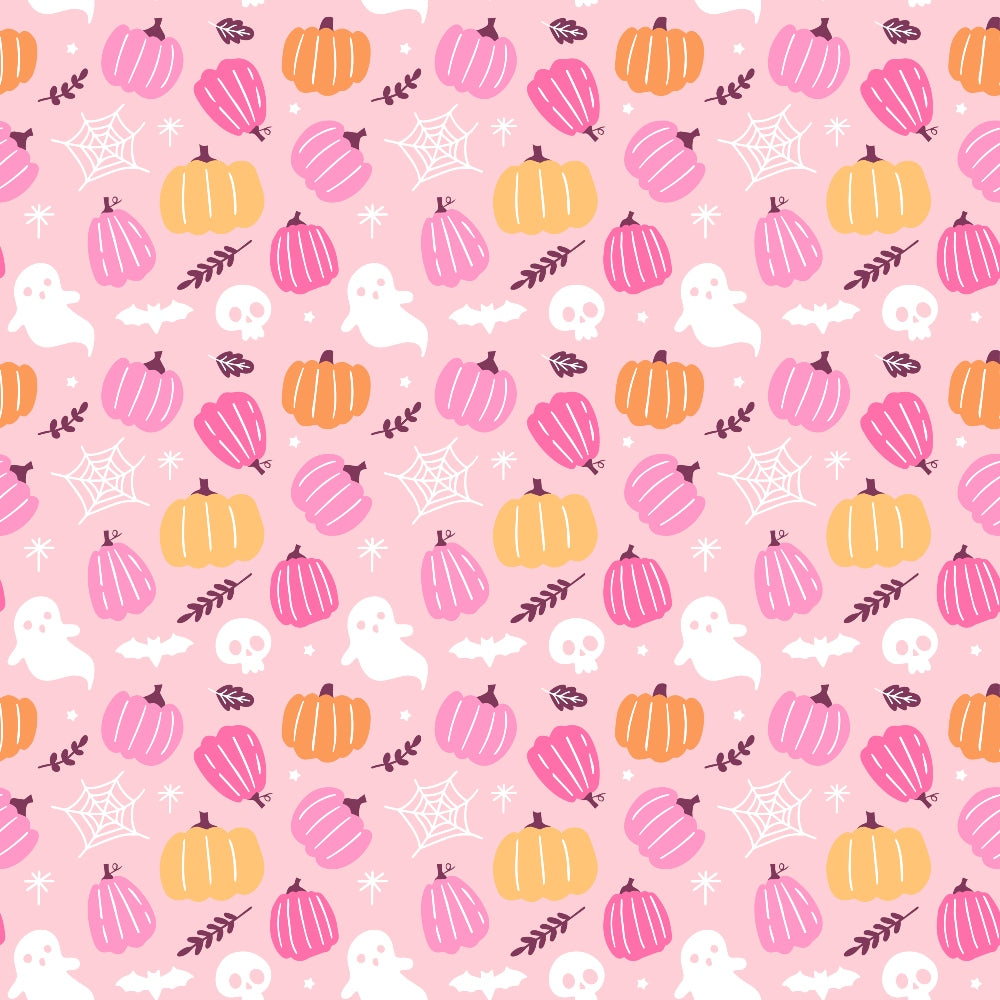 Halloween-themed pattern featuring pink background with orange and pink pumpkins, white ghosts, skulls, bats, leaves, and spider webs.