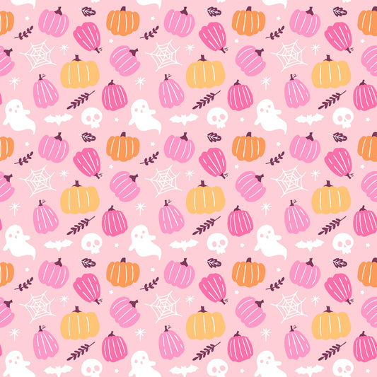 Halloween-themed pattern featuring pink background with orange and pink pumpkins, white ghosts, skulls, bats, leaves, and spider webs.