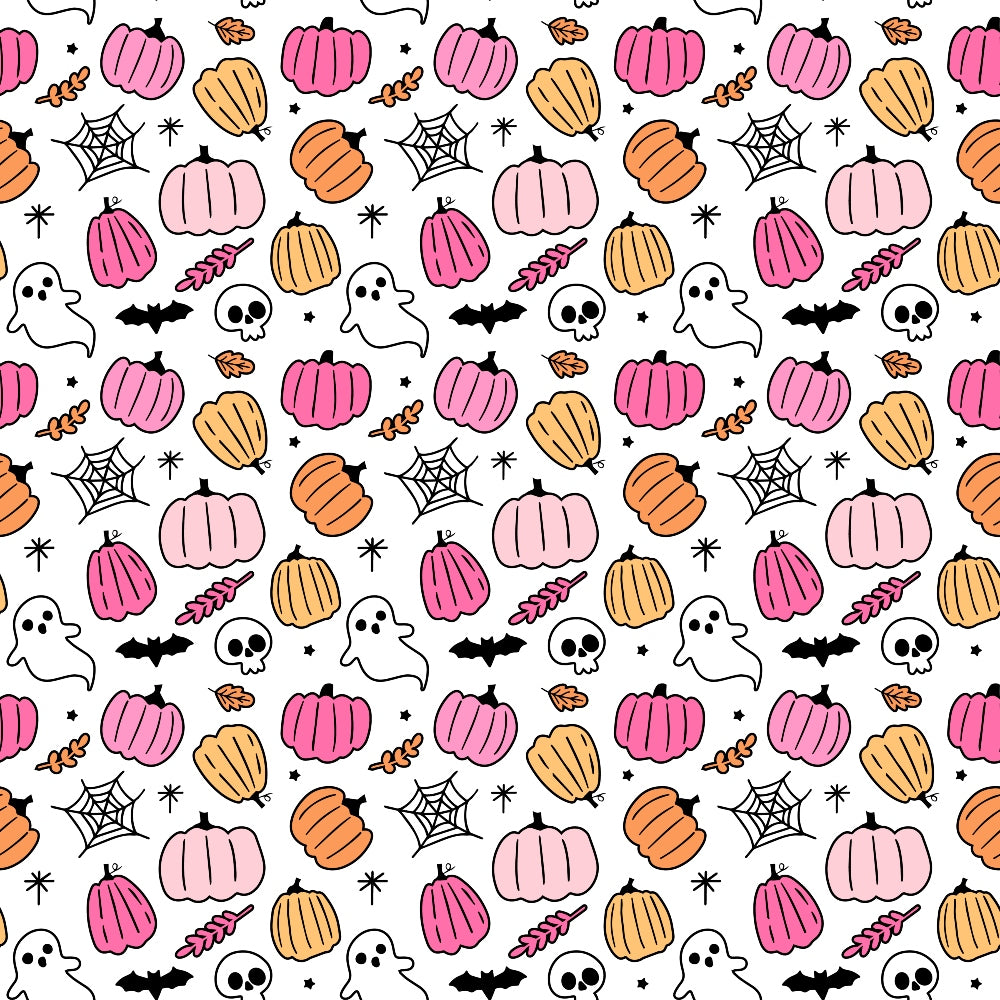 Pattern of pink and orange pumpkins, ghosts, spider webs, skulls, bats, and leaves on a white background.