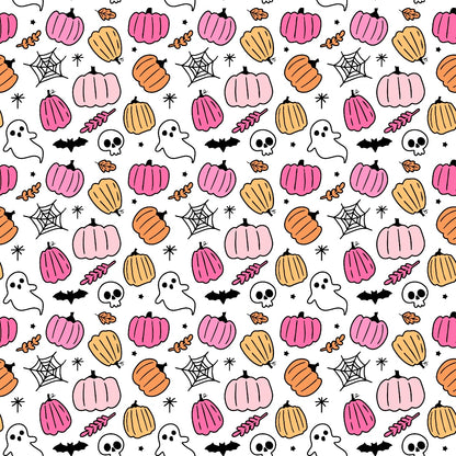 Pattern of pink and orange pumpkins, ghosts, spider webs, skulls, bats, and leaves on a white background.