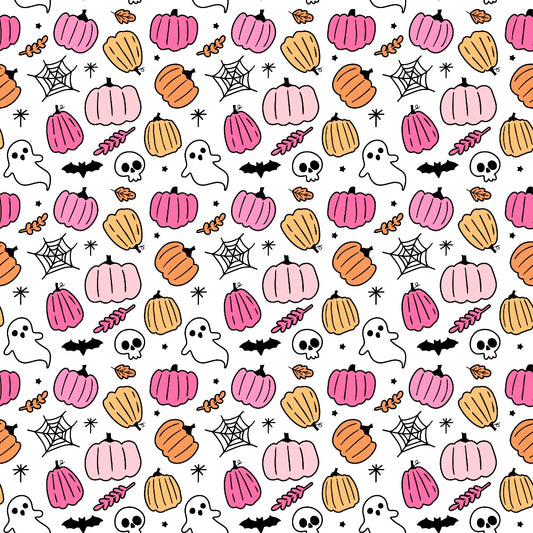 Pattern of pink and orange pumpkins, ghosts, spider webs, skulls, bats, and leaves on a white background.