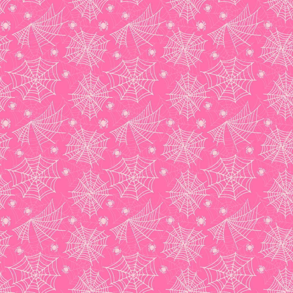 Pattern of white spider webs and small spiders on a pink background.