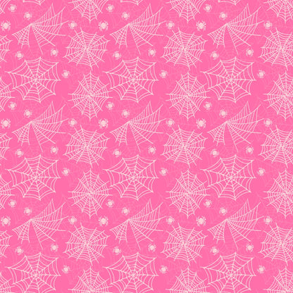 Pattern of white spider webs and small spiders on a pink background.