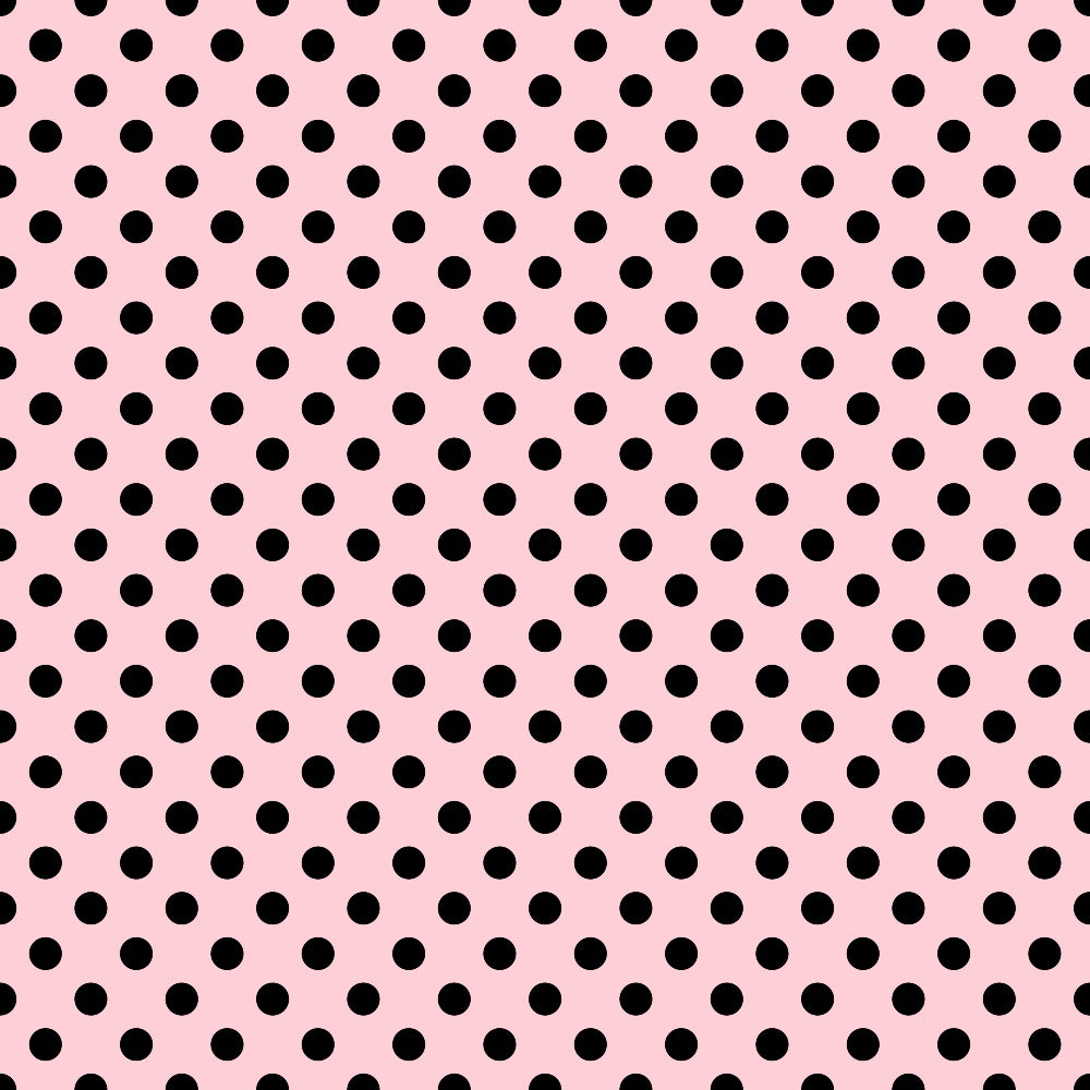 Black polka dots evenly distributed on a pink background.