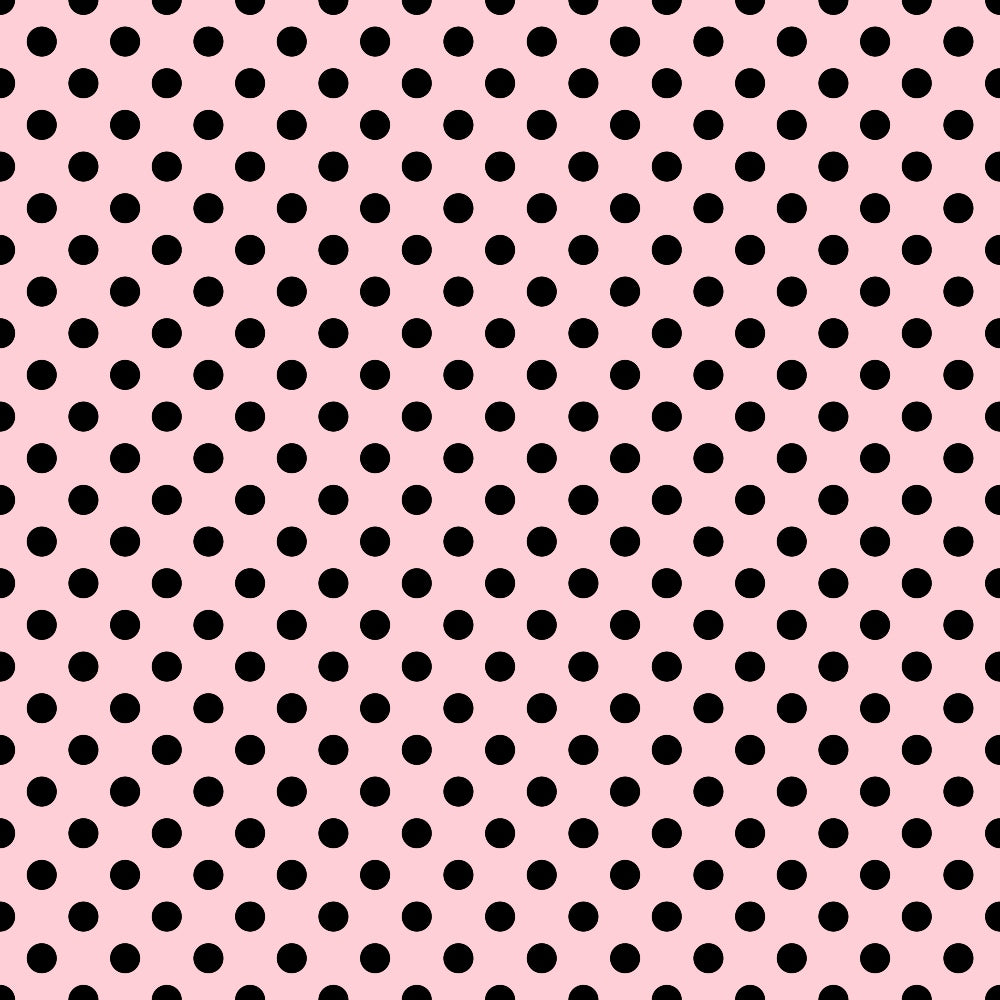 Black polka dots evenly distributed on a pink background.