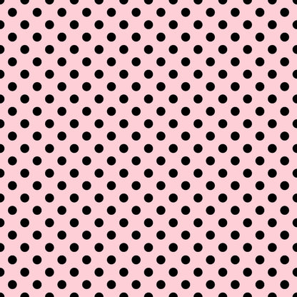 Black polka dots evenly distributed on a pink background.