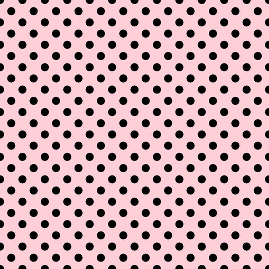 Black polka dots evenly distributed on a pink background.