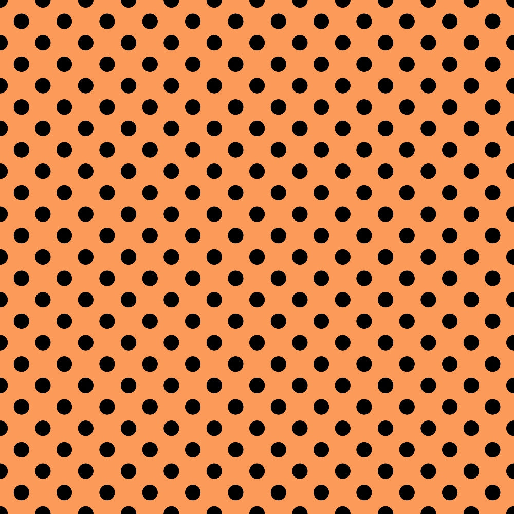 Orange background with a pattern of evenly spaced black polka dots.