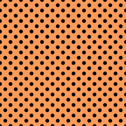 Orange background with a pattern of evenly spaced black polka dots.