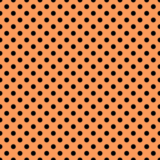 Orange background with a pattern of evenly spaced black polka dots.