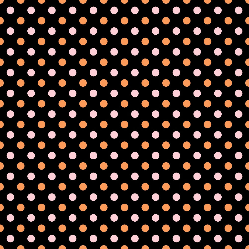 Pattern of alternating pink and orange polka dots on a black background.