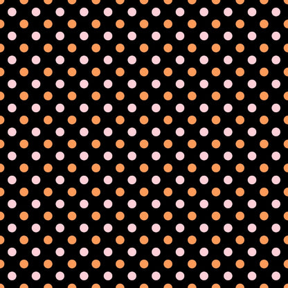 Pattern of alternating pink and orange polka dots on a black background.