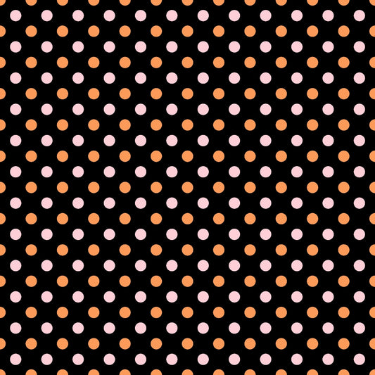 Pattern of alternating pink and orange polka dots on a black background.