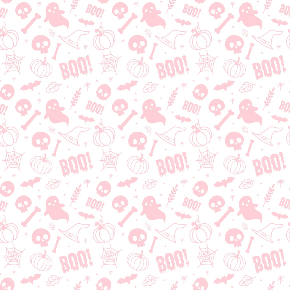 A seamless pattern featuring pink Halloween-themed icons, including ghosts, pumpkins, skulls, bats, witch hats, bones, and the word BOO! on a white background.