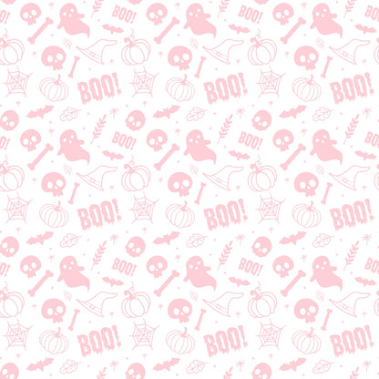 A seamless pattern featuring pink Halloween-themed icons, including ghosts, pumpkins, skulls, bats, witch hats, bones, and the word BOO! on a white background.