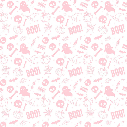 A seamless pattern featuring pink Halloween-themed icons, including ghosts, pumpkins, skulls, bats, witch hats, bones, and the word BOO! on a white background.