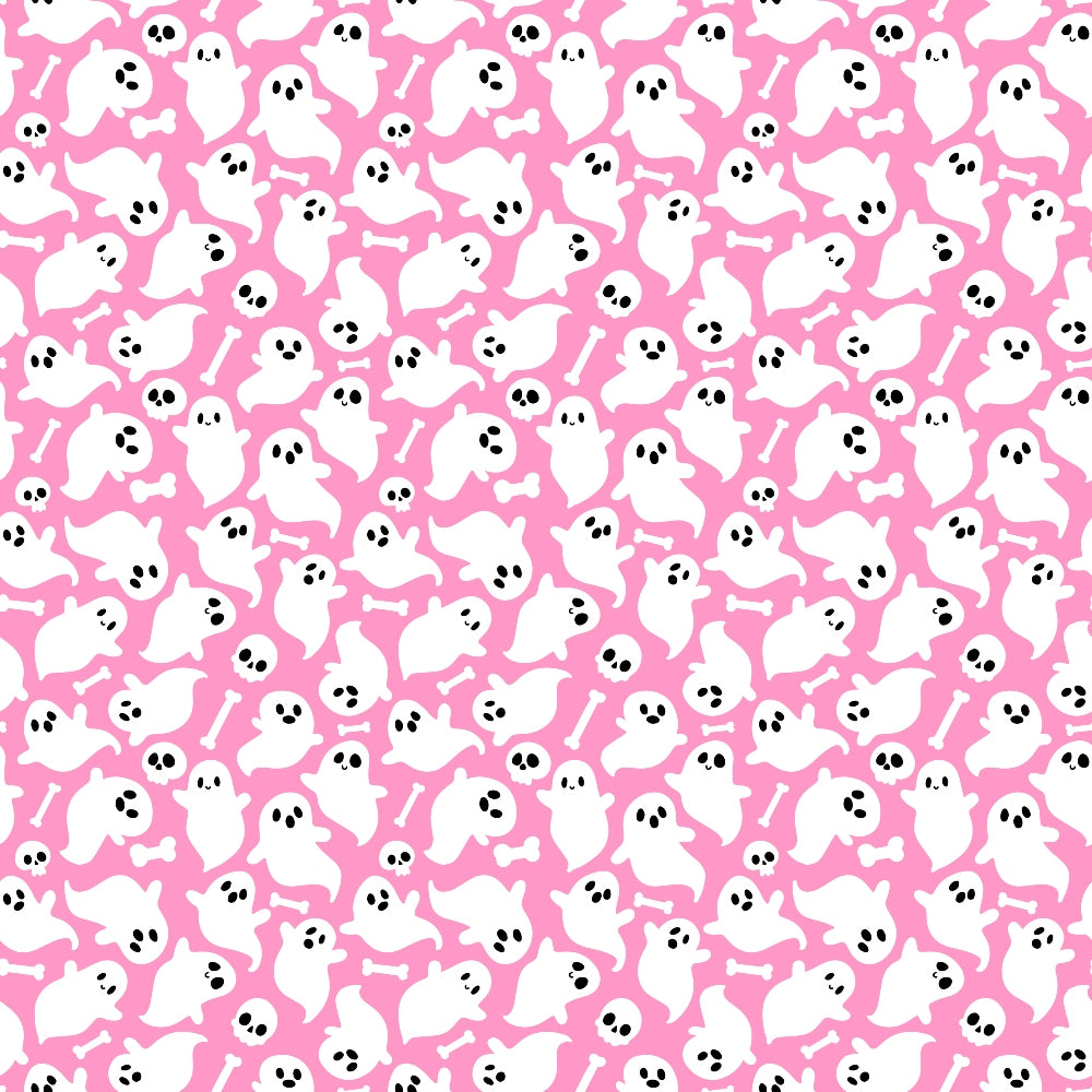 Pattern of white ghosts, skulls, and bones on a pink background.