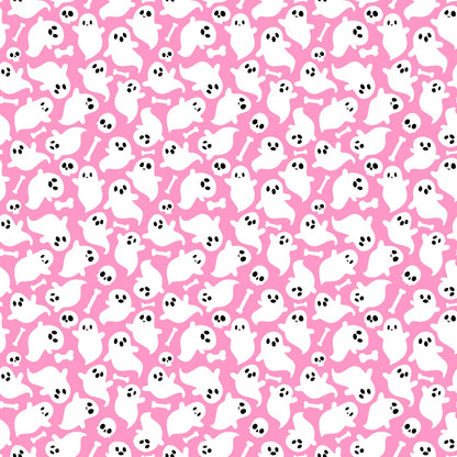 Pattern of white ghosts, skulls, and bones on a pink background.