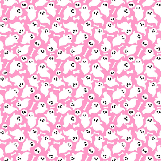 Pattern of white ghosts, skulls, and bones on a pink background.