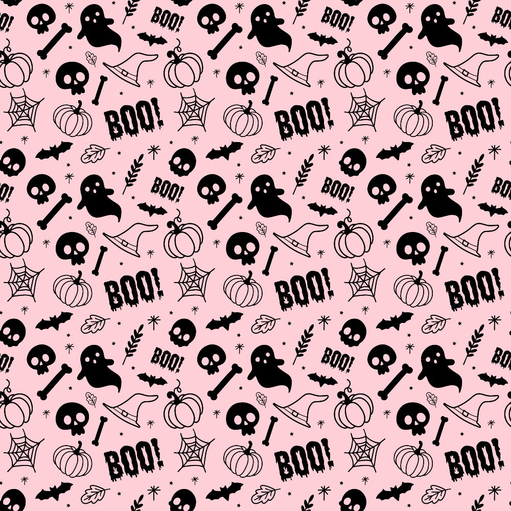 Halloween-themed pattern with ghosts, pumpkins, skulls, bones, bats, spider webs, leaves, stars, and the word BOO! on a pink background.