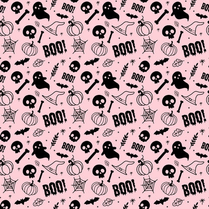 Halloween-themed pattern with ghosts, pumpkins, skulls, bones, bats, spider webs, leaves, stars, and the word BOO! on a pink background.