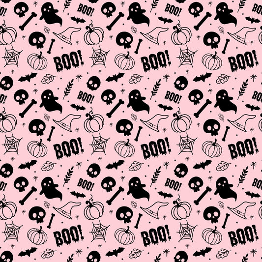 Halloween-themed pattern with ghosts, pumpkins, skulls, bones, bats, spider webs, leaves, stars, and the word BOO! on a pink background.