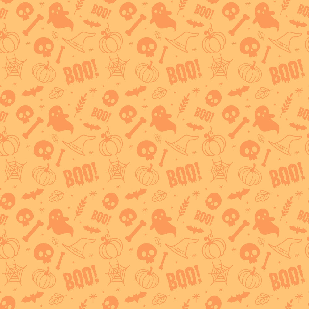 Orange Halloween-themed pattern with ghost, skull, pumpkin, bat, spider web, witch hat, bone, leaf, and BOO! motifs.