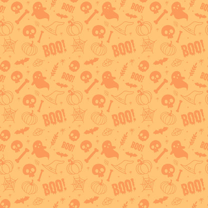 Orange Halloween-themed pattern with ghost, skull, pumpkin, bat, spider web, witch hat, bone, leaf, and BOO! motifs.