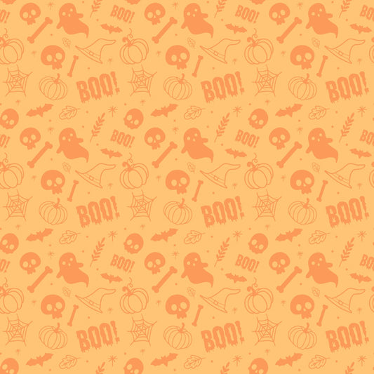 Orange Halloween-themed pattern with ghost, skull, pumpkin, bat, spider web, witch hat, bone, leaf, and BOO! motifs.